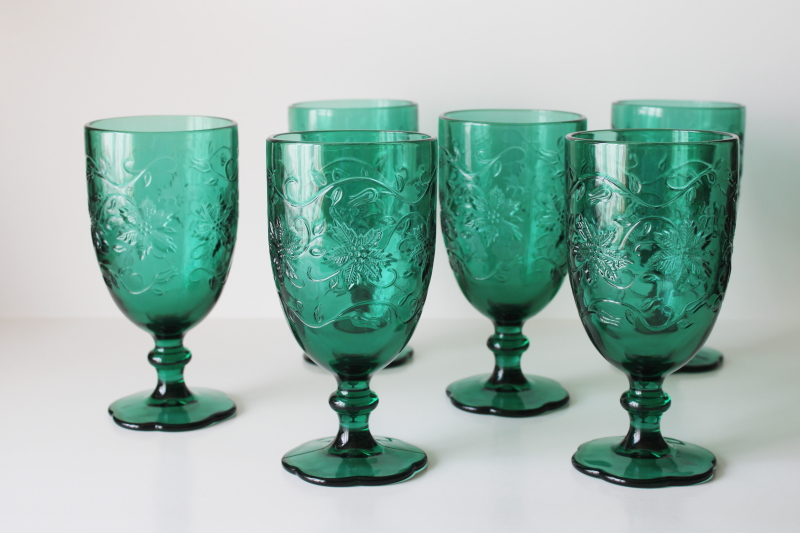 photo of emerald green Fantasia water goblets or iced tea glasses set of six, never used vintage Princess House  #3