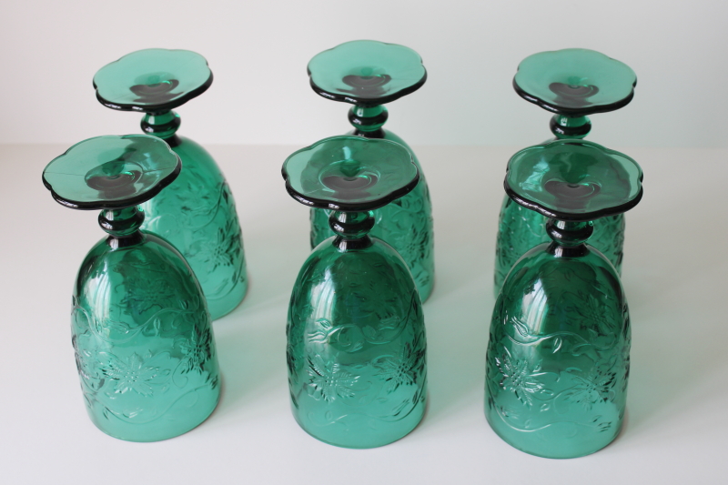 photo of emerald green Fantasia water goblets or iced tea glasses set of six, never used vintage Princess House  #5