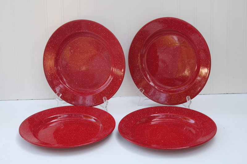 photo of enamelware camp plates set, white spatter speckled red enamel metal dinner plates Christmas or 4th of July #1