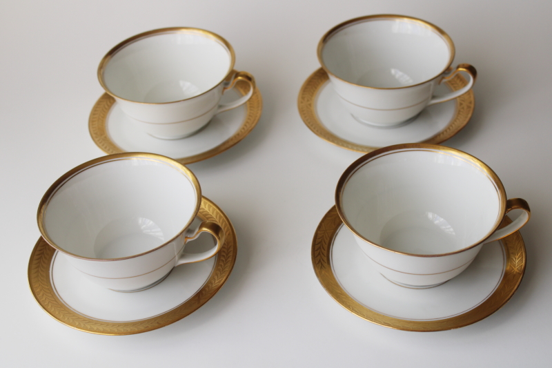 photo of encrusted gold laurel band pure white porcelain cups & saucers, vintage Bavaria china #1