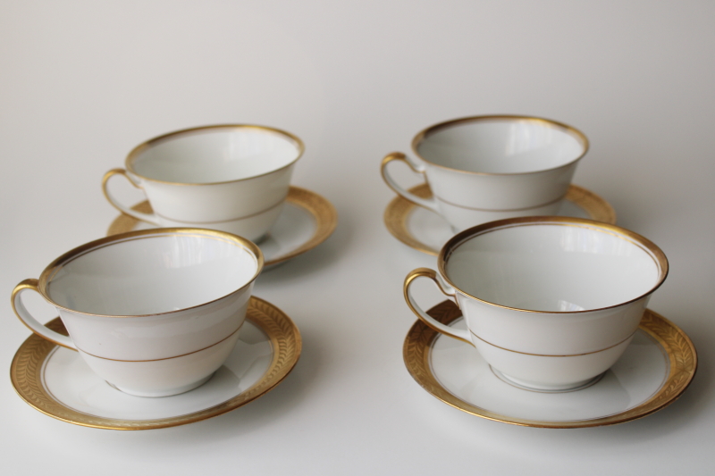 photo of encrusted gold laurel band pure white porcelain cups & saucers, vintage Bavaria china #2