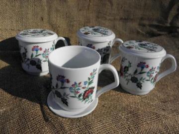 catalog photo of english floral print, set of 4 coffee cups, mugs with coaster / lids