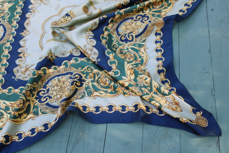 photo of equestrian style vintage silky poly large square scarf, bit or chain print teal green, blue & gold  #2