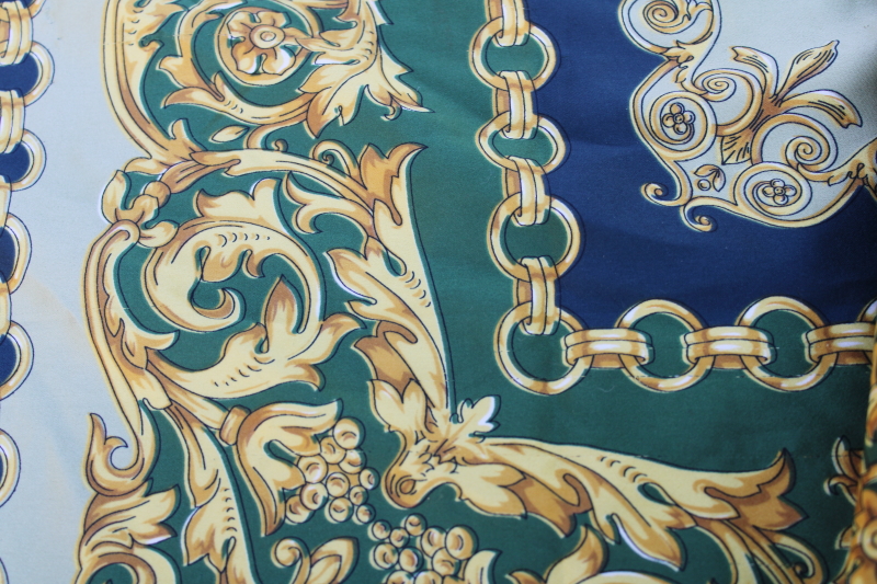 photo of equestrian style vintage silky poly large square scarf, bit or chain print teal green, blue & gold  #3