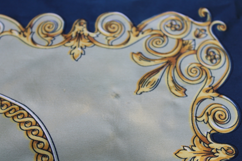 photo of equestrian style vintage silky poly large square scarf, bit or chain print teal green, blue & gold  #4