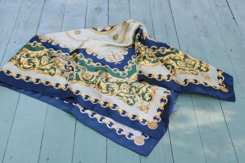 photo of equestrian style vintage silky poly large square scarf, bit or chain print teal green, blue & gold  #5