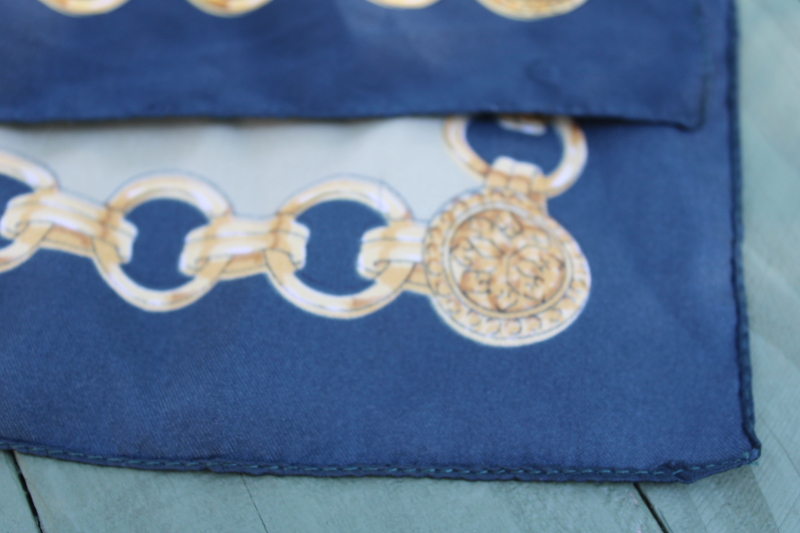 photo of equestrian style vintage silky poly large square scarf, bit or chain print teal green, blue & gold  #6