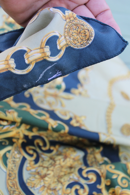 photo of equestrian style vintage silky poly large square scarf, bit or chain print teal green, blue & gold  #7