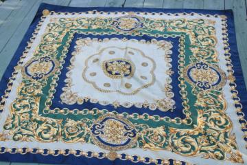 equestrian style vintage silky poly large square scarf, bit or chain print teal green, blue & gold 
