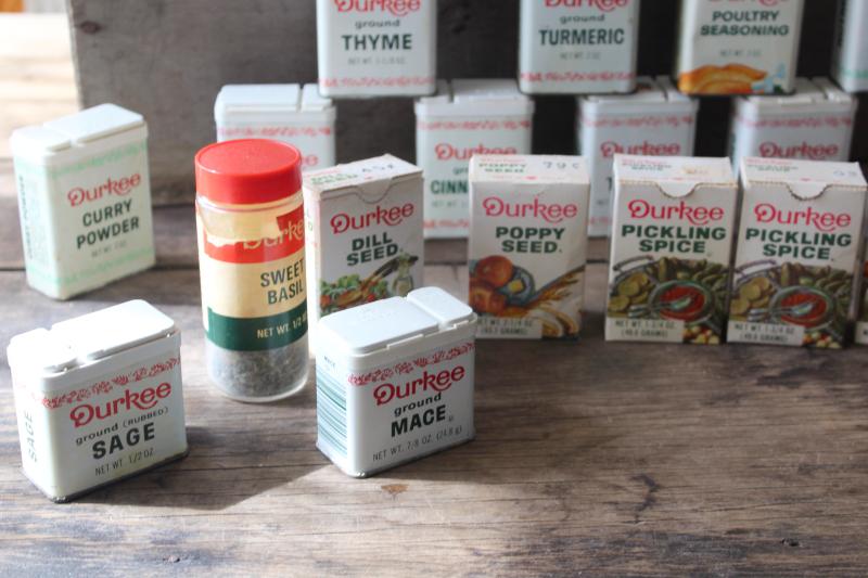 photo of estate lot vintage spice tins & boxes, red & green Durkee labels collection #3