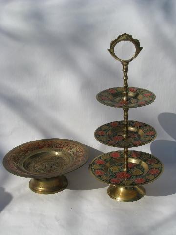 photo of etched India brass w/ hand-painted enamel, tiered plate & pedestal dish #1