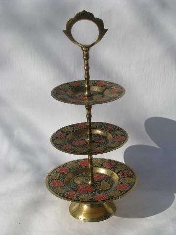 photo of etched India brass w/ hand-painted enamel, tiered plate & pedestal dish #2