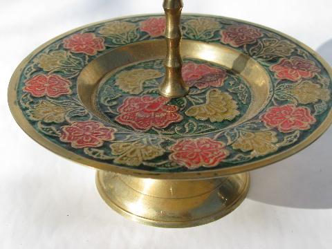 photo of etched India brass w/ hand-painted enamel, tiered plate & pedestal dish #4