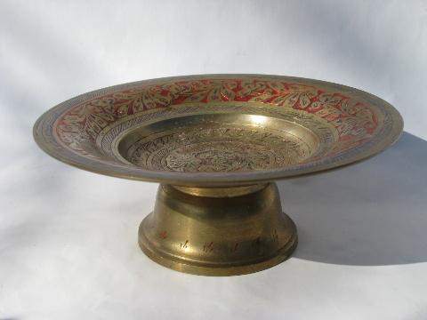 photo of etched India brass w/ hand-painted enamel, tiered plate & pedestal dish #5