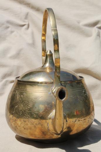 photo of etched brass tea kettle, vintage Indian brass teapot handmade in India  #2