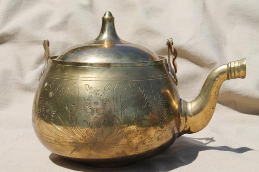 photo of etched brass tea kettle, vintage Indian brass teapot handmade in India  #3