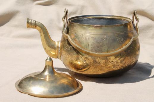 photo of etched brass tea kettle, vintage Indian brass teapot handmade in India  #5