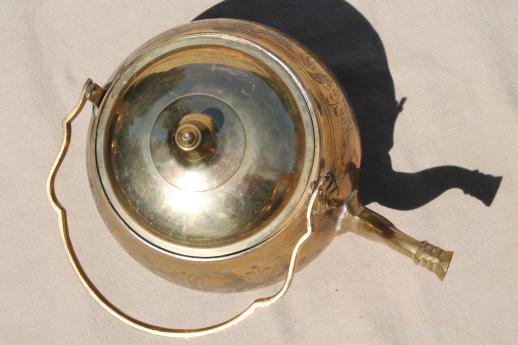 photo of etched brass tea kettle, vintage Indian brass teapot handmade in India  #8