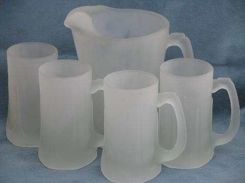 photo of etched crystal frosted white satin glass, Indiana pattern pitcher/mugs Tiara box #1