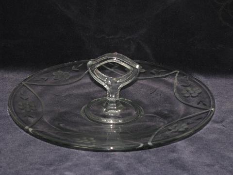 photo of etched flowers vintage depression glass sandwich plate w/ center handle #1