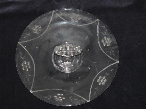 photo of etched flowers vintage depression glass sandwich plate w/ center handle #2