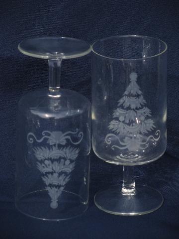 photo of etched glass Christmas tree holiday glasses, vintage Neiman-Marcus #2