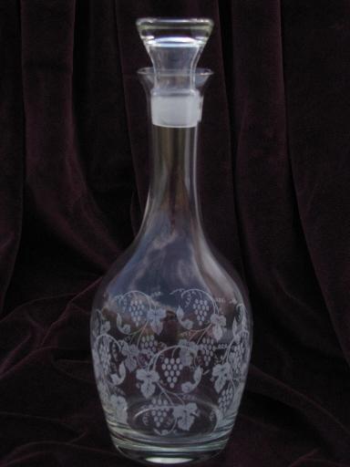 photo of etched grapes glass vintage wine bottle decanter, ground glass stopper #1