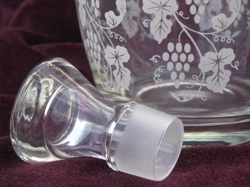 photo of etched grapes glass vintage wine bottle decanter, ground glass stopper #3