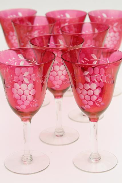 photo of etched grapes water glasses or wine goblets, clear stem cranberry or ruby red stain glass #1