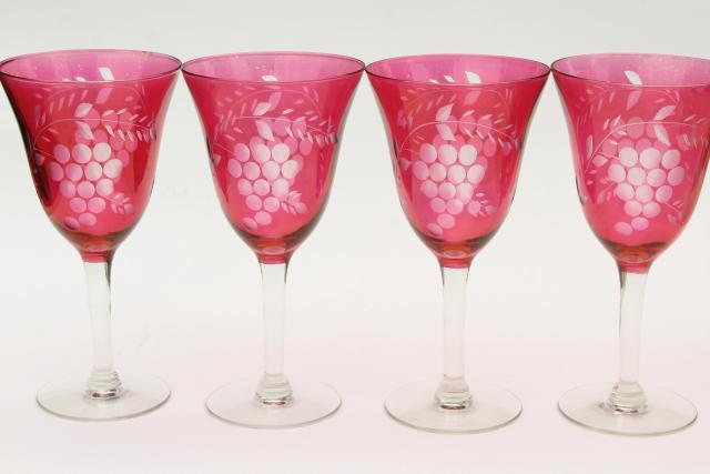 photo of etched grapes water glasses or wine goblets, clear stem cranberry or ruby red stain glass #2