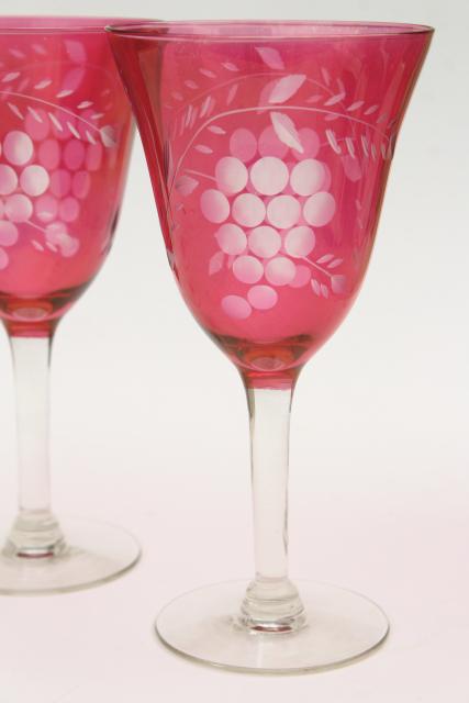 photo of etched grapes water glasses or wine goblets, clear stem cranberry or ruby red stain glass #3