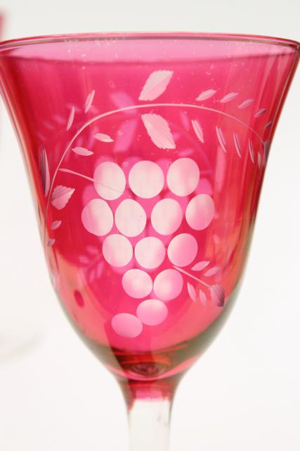 photo of etched grapes water glasses or wine goblets, clear stem cranberry or ruby red stain glass #7