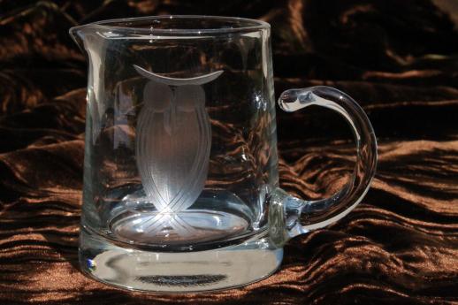 photo of etched owl wheel-cut clear glass cream pitcher, mini art glass pitcher #1