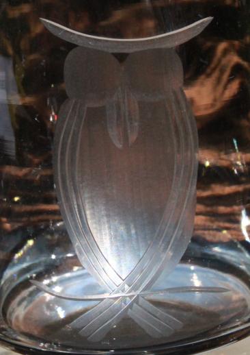 photo of etched owl wheel-cut clear glass cream pitcher, mini art glass pitcher #6