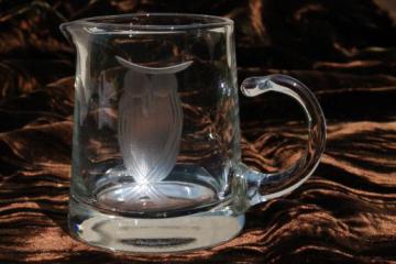 catalog photo of etched owl wheel-cut clear glass cream pitcher, mini art glass pitcher