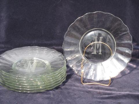 photo of etched salad plates w/ art deco M monogram, vintage elegant glass #1