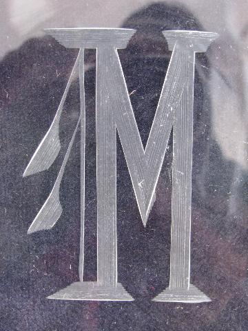 photo of etched salad plates w/ art deco M monogram, vintage elegant glass #3