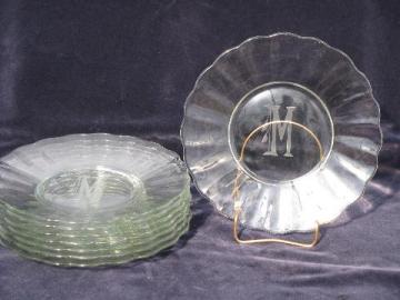 catalog photo of etched salad plates w/ art deco M monogram, vintage elegant glass