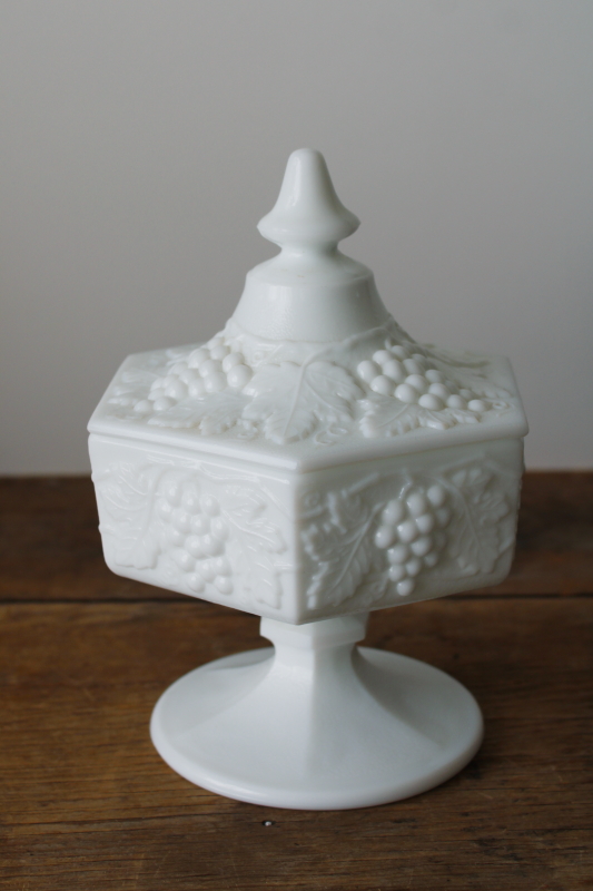 photo of excellent condition vintage Imperial milk glass candy dish w/ lid, grapes hexagon pattern  #1