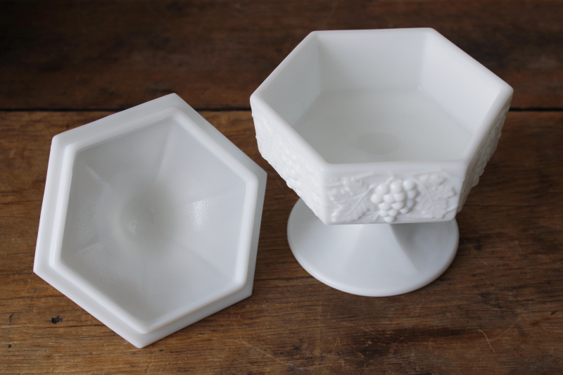 photo of excellent condition vintage Imperial milk glass candy dish w/ lid, grapes hexagon pattern #2