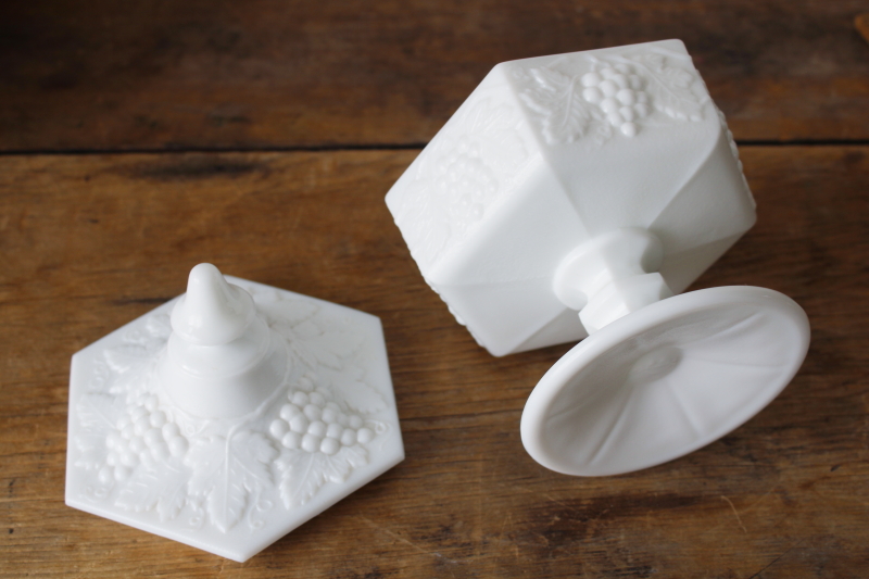 photo of excellent condition vintage Imperial milk glass candy dish w/ lid, grapes hexagon pattern #4