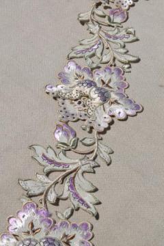 catalog photo of exquisite antique french embroidered silk applique floral vine border, vintage sewing trim