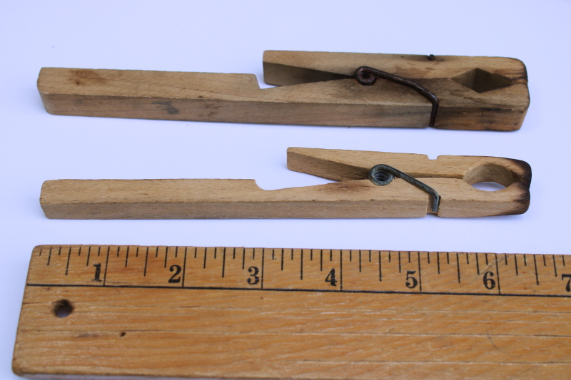 photo of extra large antique clothespins, primitive old weathered wood spring type clips  #2