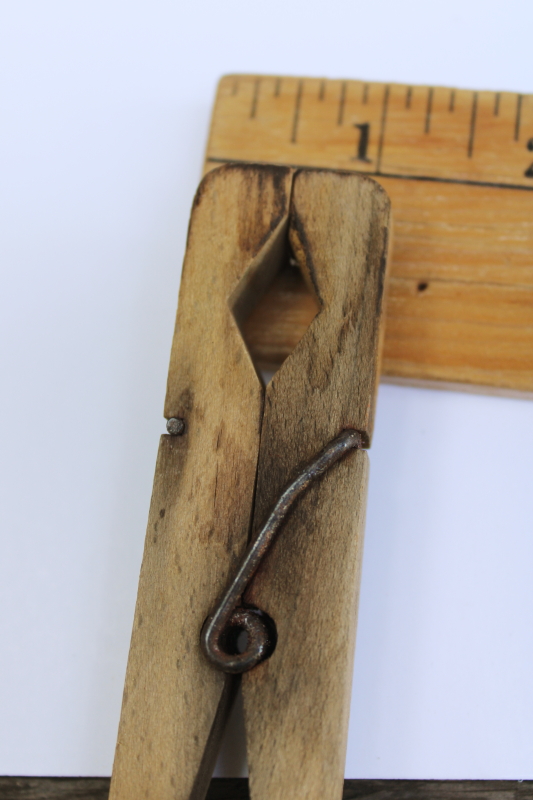 photo of extra large antique clothespins, primitive old weathered wood spring type clips  #3