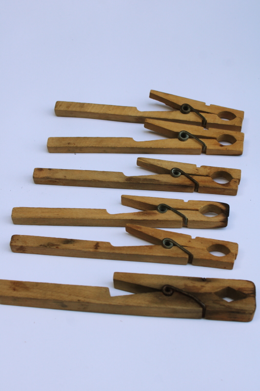 photo of extra large antique clothespins, primitive old weathered wood spring type clips  #5