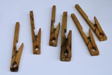 catalog photo of extra large antique clothespins, primitive old weathered wood spring type clips 