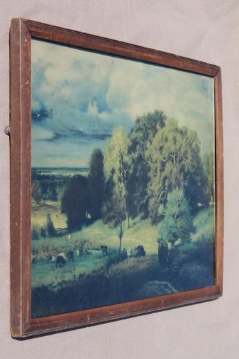 photo of faded vintage print, pastoral landscape scene cows on pasture in shabby wood picture frame #2