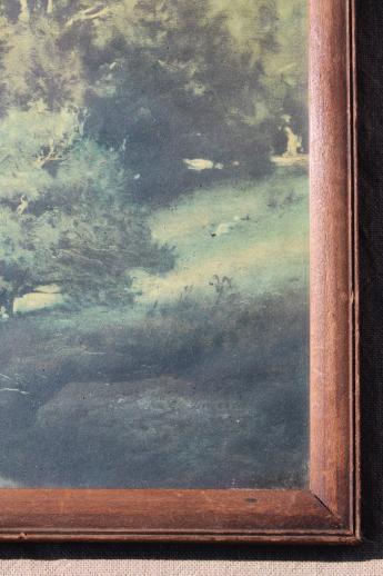 photo of faded vintage print, pastoral landscape scene cows on pasture in shabby wood picture frame #3