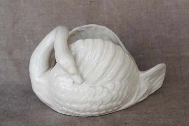 photo of fairy tale pretty creamy white swan flower pot, shabby chic vintage pottery planter #1