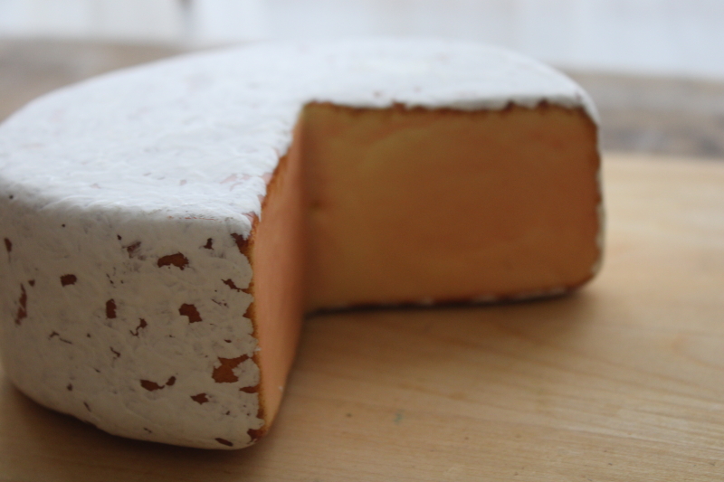 photo of fake food wheel of French cheese, rustic kitchen photo prop stylist display faux cheese #3